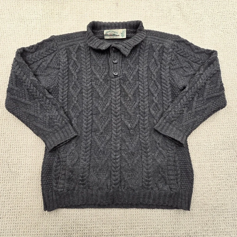 Vintage Aran Crafts 100% Merino Wool Cable Knit Sweater Charcoal Grey Large